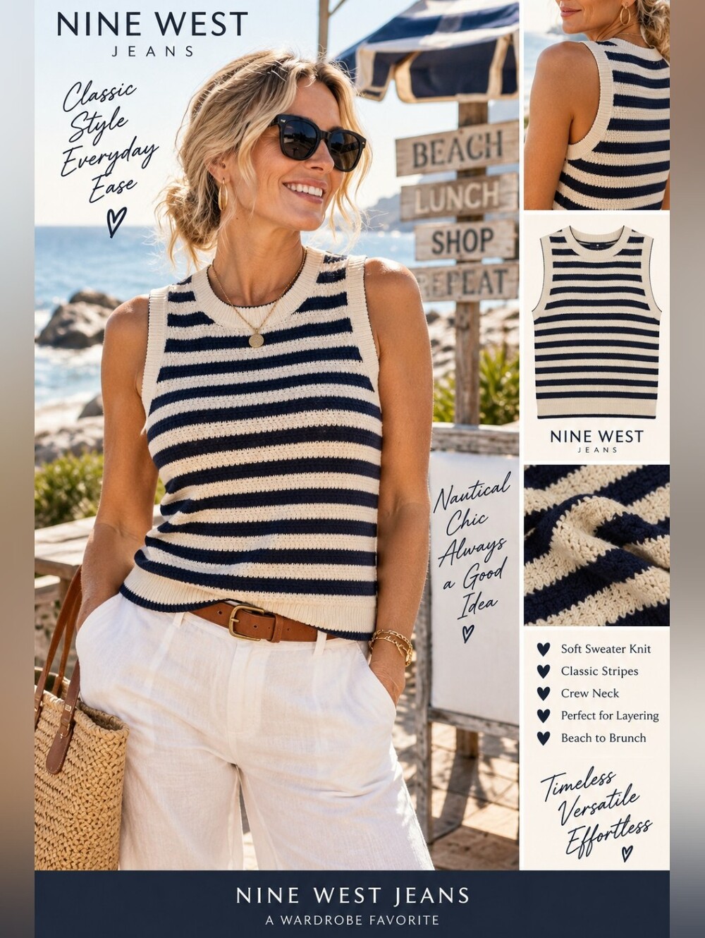 Nine West Jeans Navy White Striped Sleeveless Sweater Knit Top XL NWT